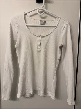 ICHI White Ribbed Henley Long-Sleeve Tee
